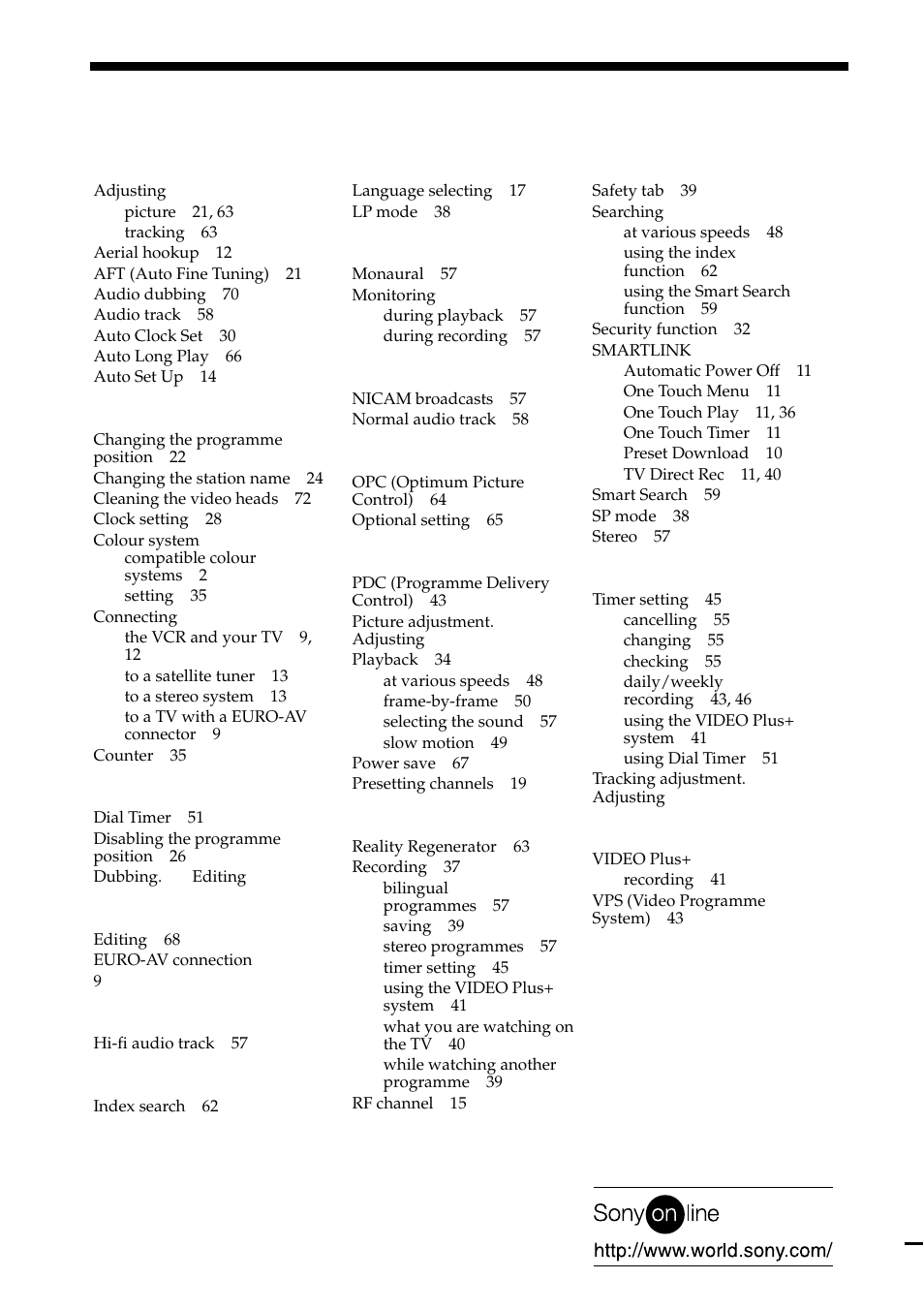 Index, A, b, E, f, g | I, j, k, P, q, T, u, V, w, x, y, z | Sony PAL NTSC 4.43 SLV-SE80UX User Manual | Page 80 / 80