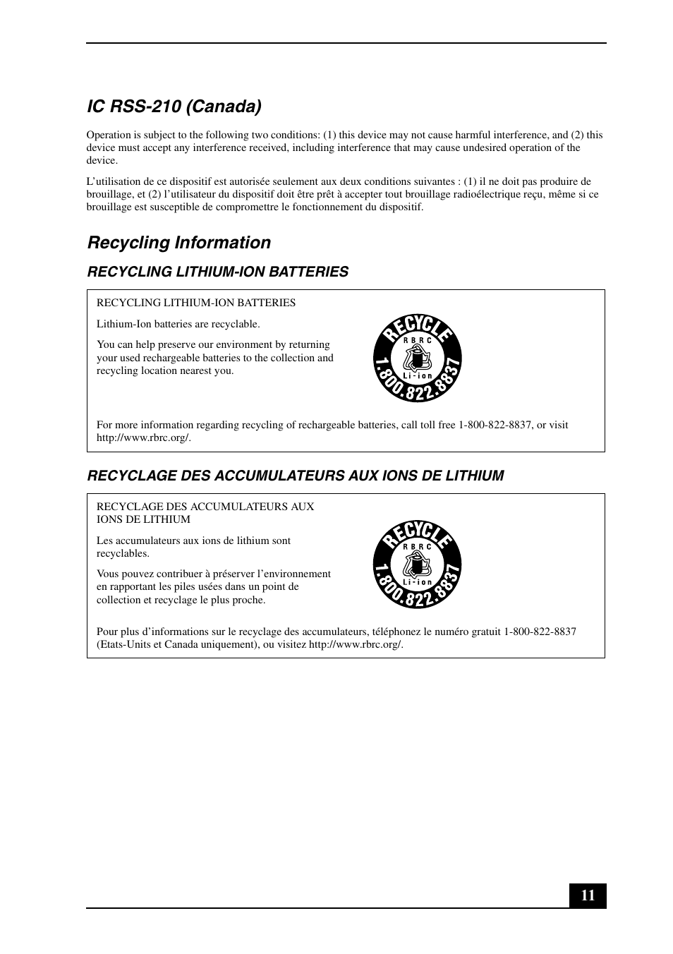 Ic rss-210 (canada), Recycling information | Sony VPCYB User Manual | Page 11 / 28