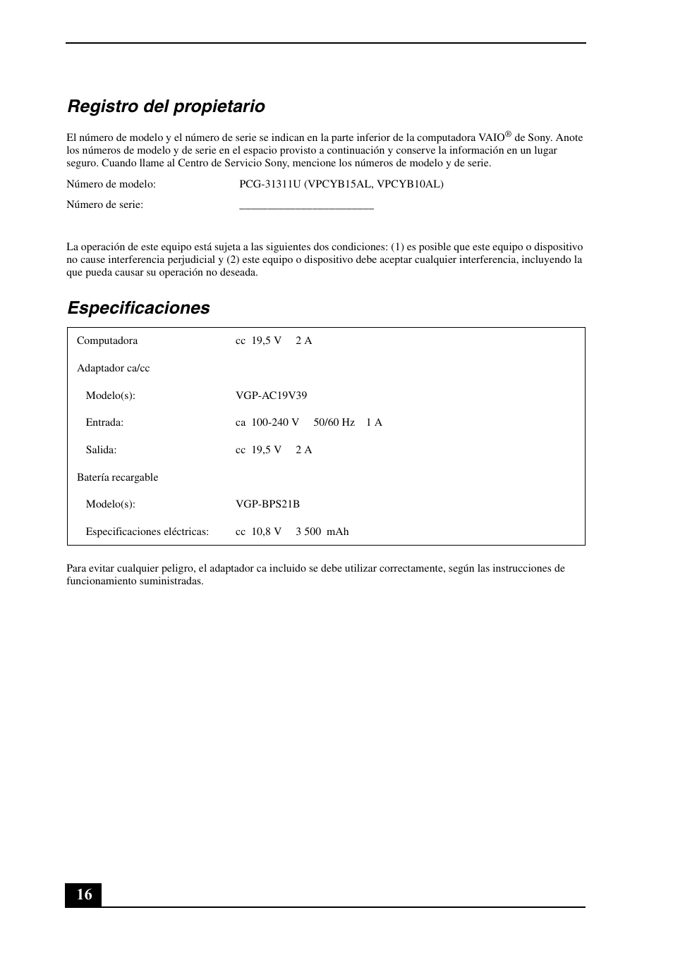 Registro del propietario, Especificaciones | Sony VPCYB User Manual | Page 16 / 28