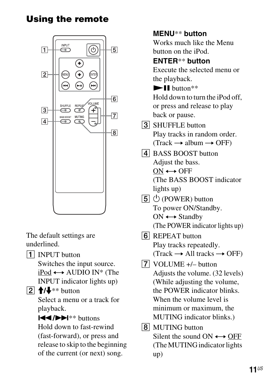 Using the remote | Sony IPOD SRS-GU10IP User Manual | Page 11 / 44