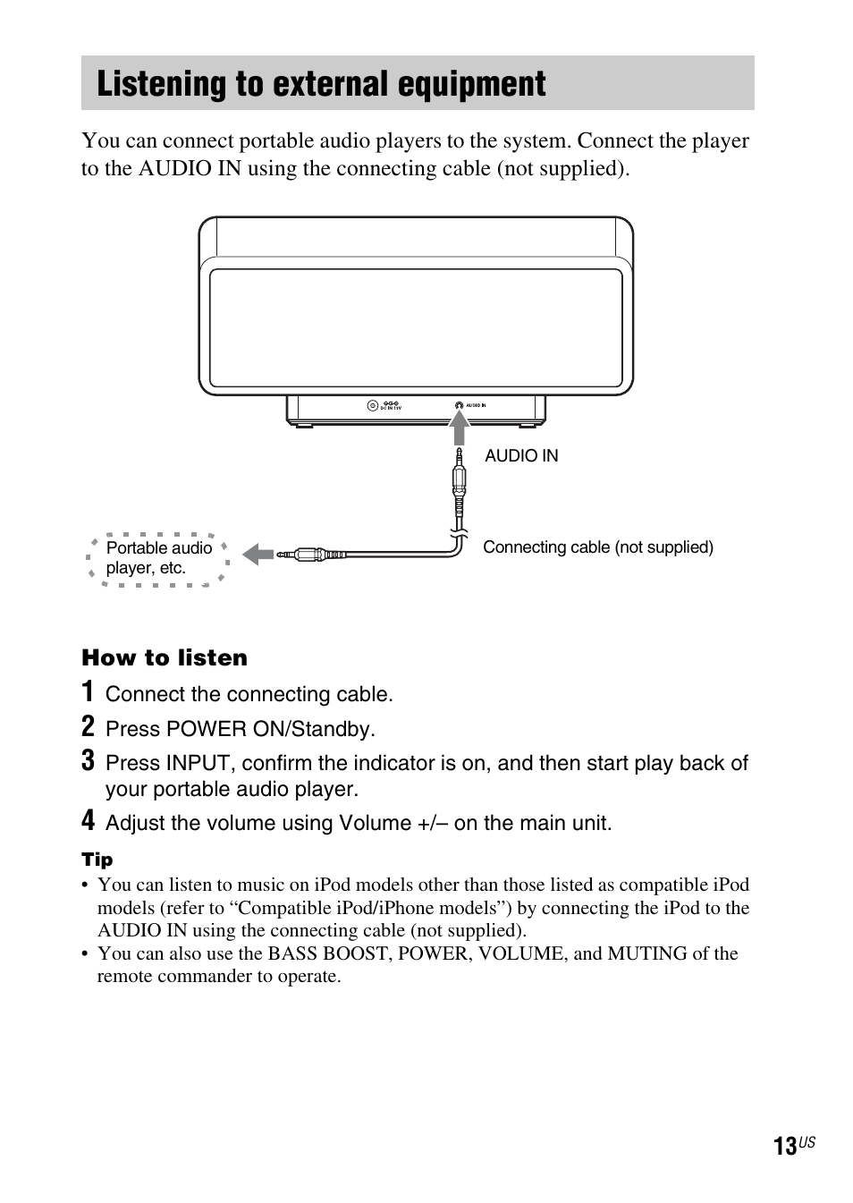 Listening to external equipment | Sony IPOD SRS-GU10IP User Manual | Page 13 / 44