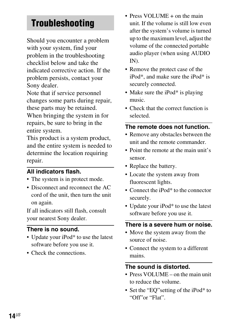 Troubleshooting | Sony IPOD SRS-GU10IP User Manual | Page 14 / 44