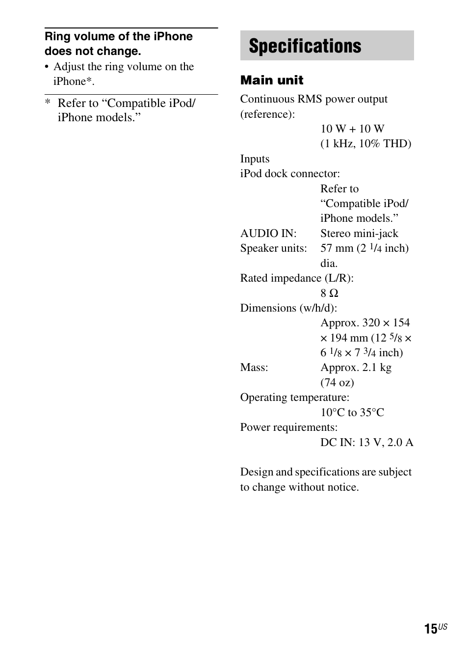 Specifications | Sony IPOD SRS-GU10IP User Manual | Page 15 / 44