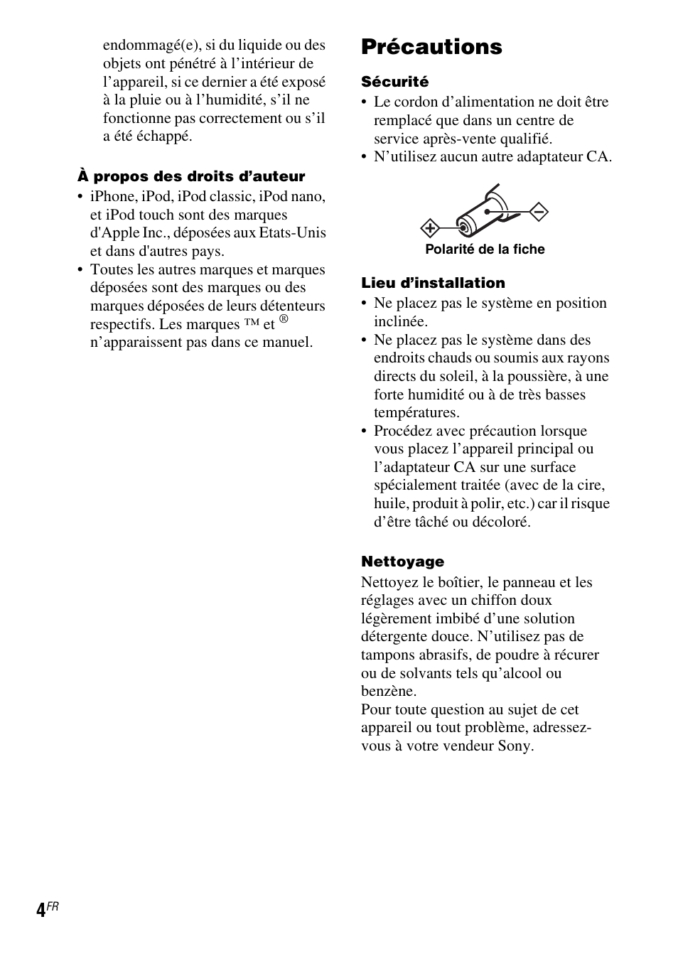 Précautions | Sony IPOD SRS-GU10IP User Manual | Page 18 / 44
