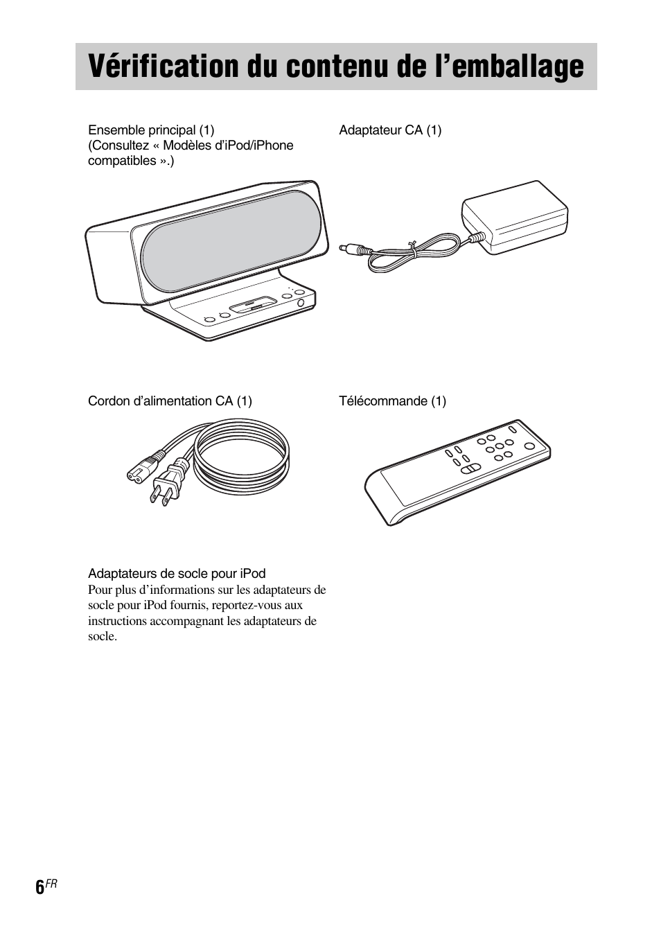 Vérification du contenu de l’emballage | Sony IPOD SRS-GU10IP User Manual | Page 20 / 44