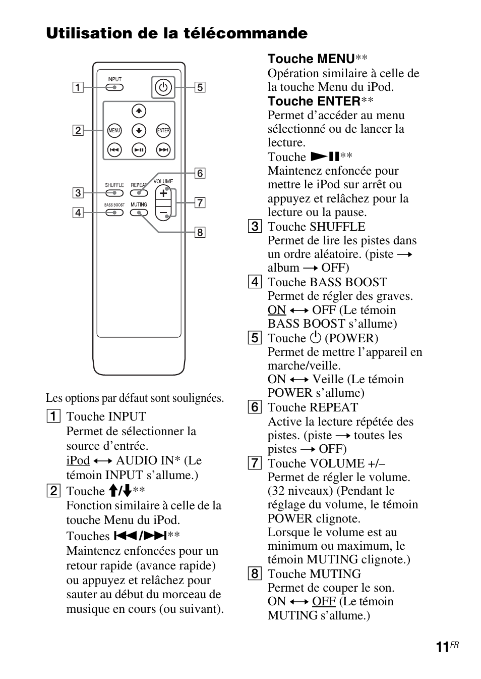 Utilisation de la télécommande | Sony IPOD SRS-GU10IP User Manual | Page 25 / 44