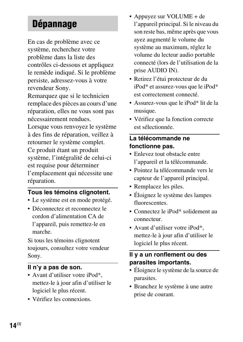 Dépannage | Sony IPOD SRS-GU10IP User Manual | Page 28 / 44