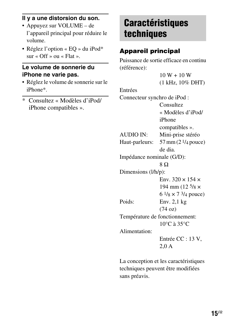 Caractéristiques techniques | Sony IPOD SRS-GU10IP User Manual | Page 29 / 44