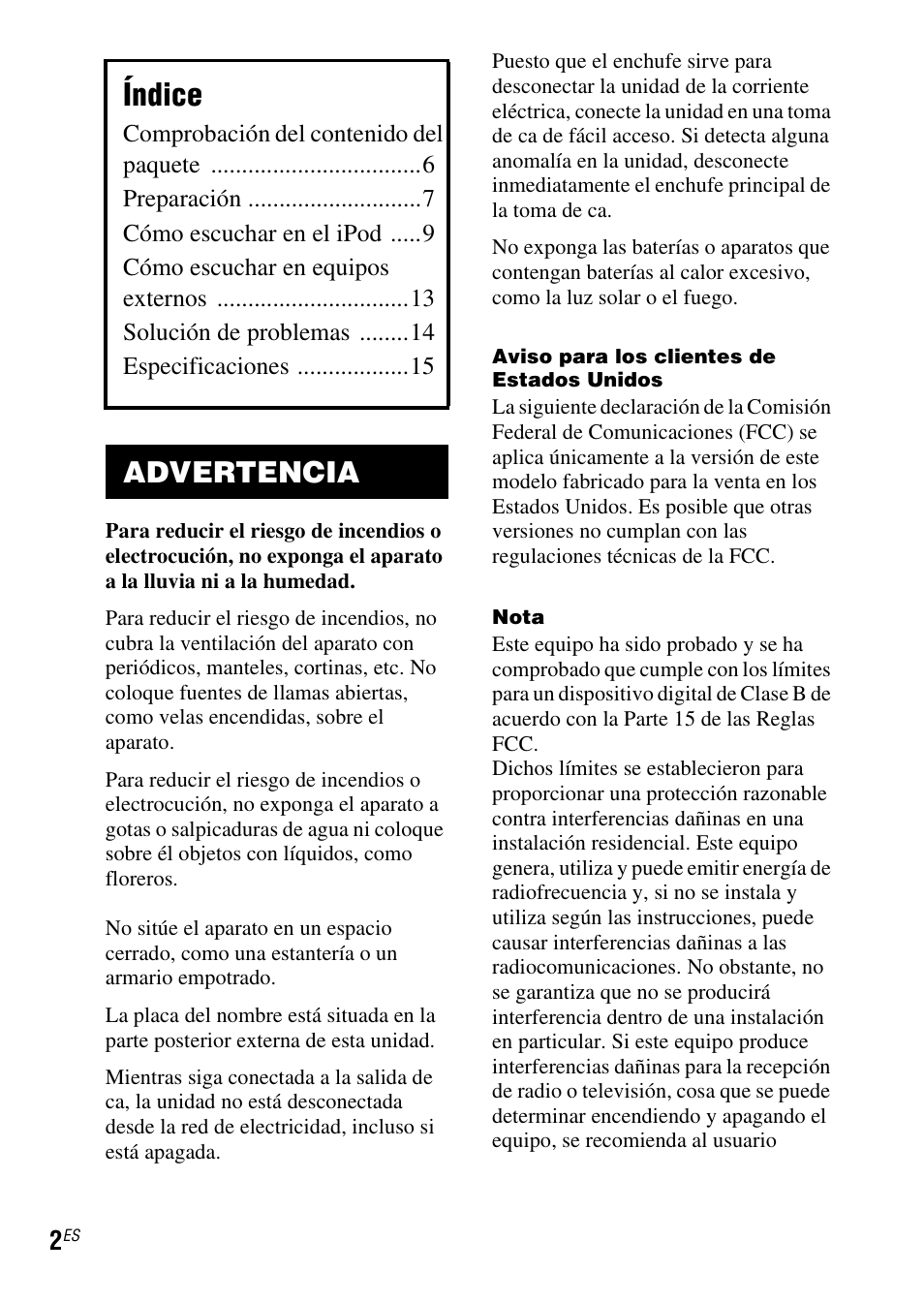 Índice, Advertencia | Sony IPOD SRS-GU10IP User Manual | Page 30 / 44