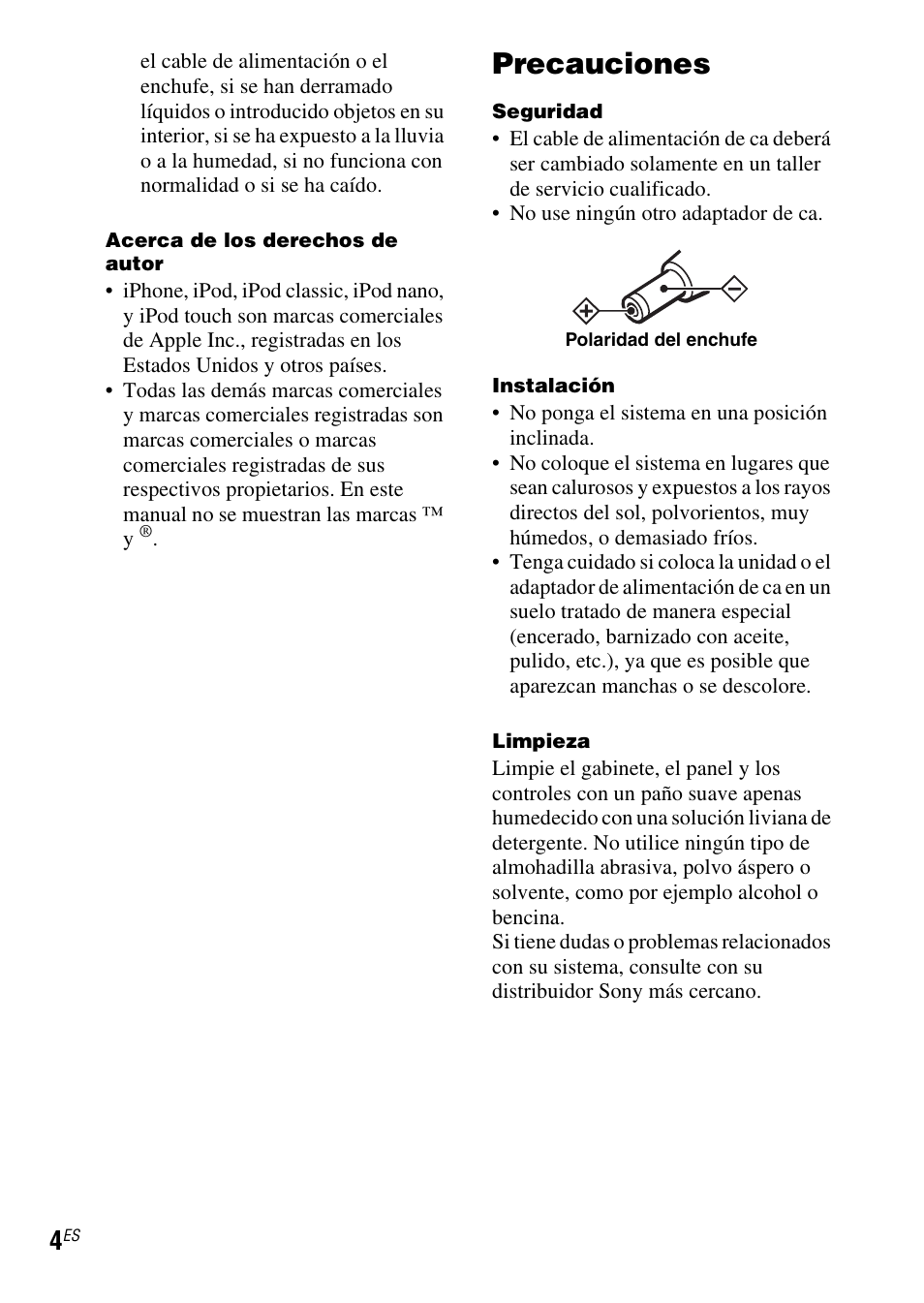 Precauciones | Sony IPOD SRS-GU10IP User Manual | Page 32 / 44