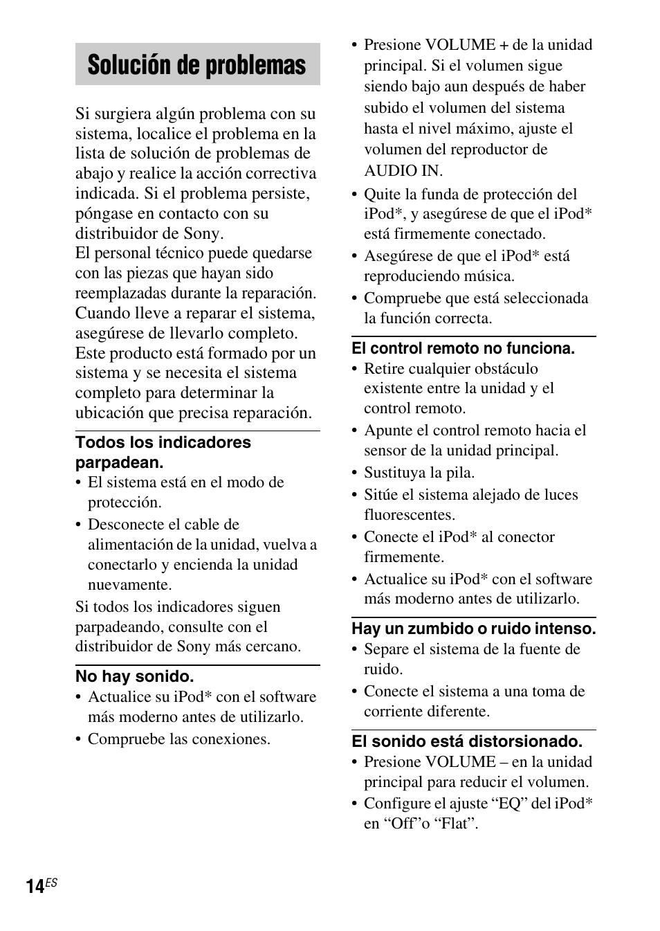 Solución de problemas | Sony IPOD SRS-GU10IP User Manual | Page 42 / 44