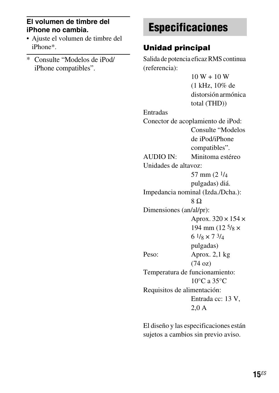 Especificaciones | Sony IPOD SRS-GU10IP User Manual | Page 43 / 44
