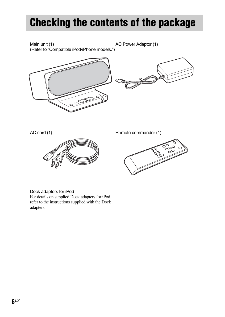 Checking the contents of the package | Sony IPOD SRS-GU10IP User Manual | Page 6 / 44