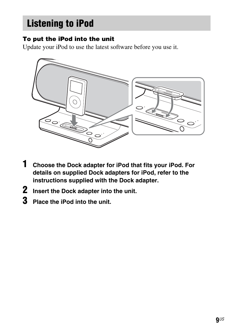 Listening to ipod | Sony IPOD SRS-GU10IP User Manual | Page 9 / 44