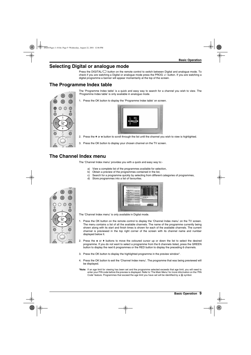 Selecting digital or analogue mode, The programme index table, The channel index menu | Sony Trinitron KD-32DX40U User Manual | Page 11 / 40