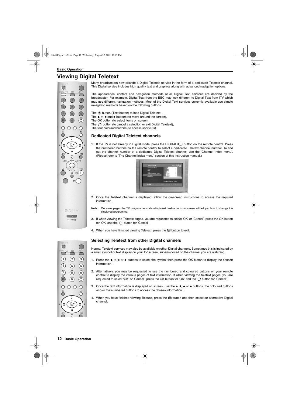 Viewing digital teletext, Dedicated digital teletext channels, Selecting teletext from other digital channels | Sony Trinitron KD-32DX40U User Manual | Page 14 / 40