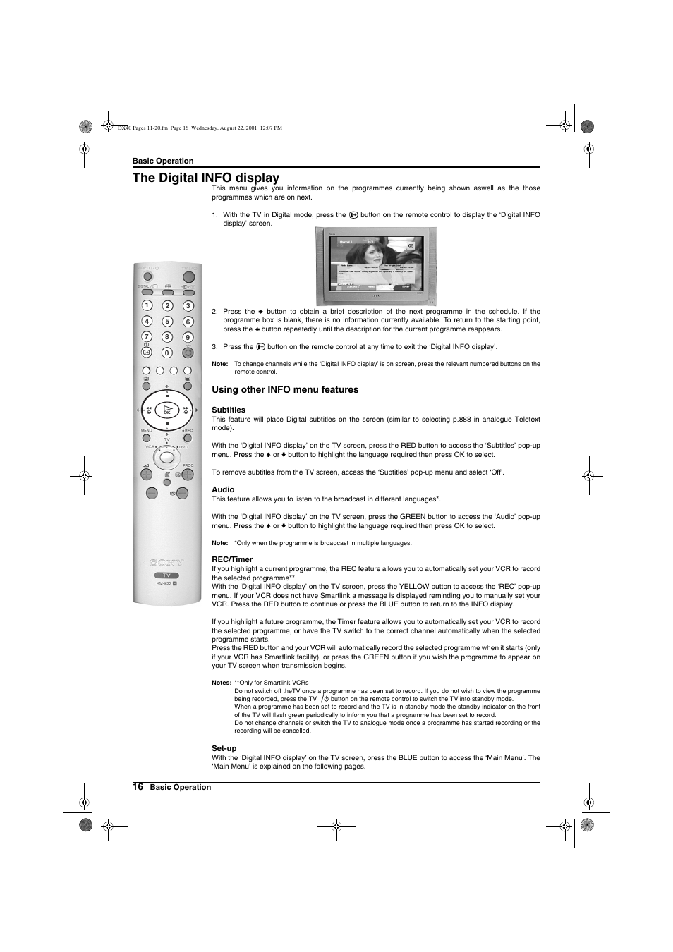 The digital info display, Using other info menu features | Sony Trinitron KD-32DX40U User Manual | Page 18 / 40