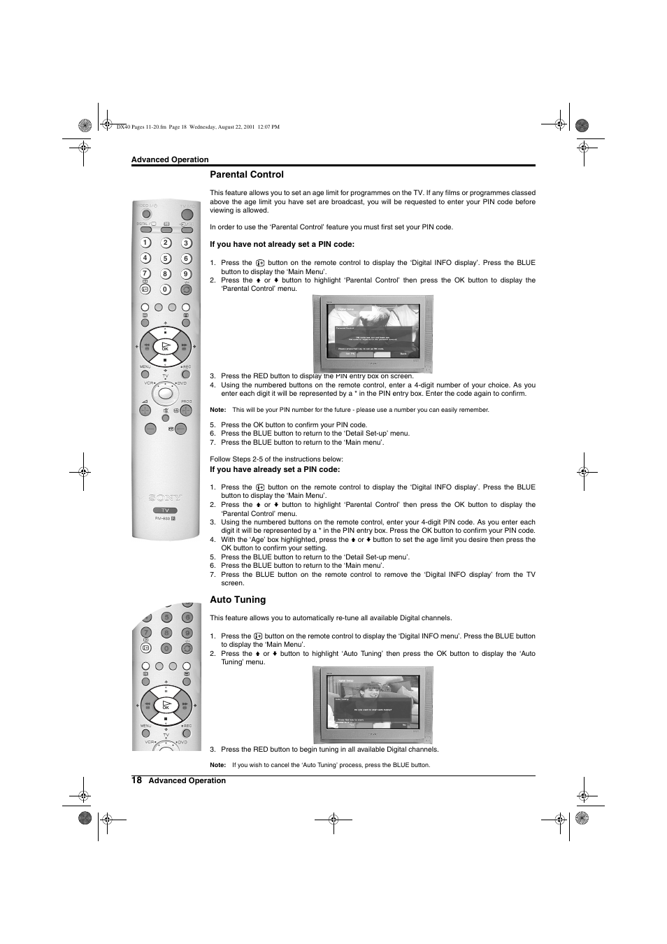 Parental control, Auto tuning | Sony Trinitron KD-32DX40U User Manual | Page 20 / 40