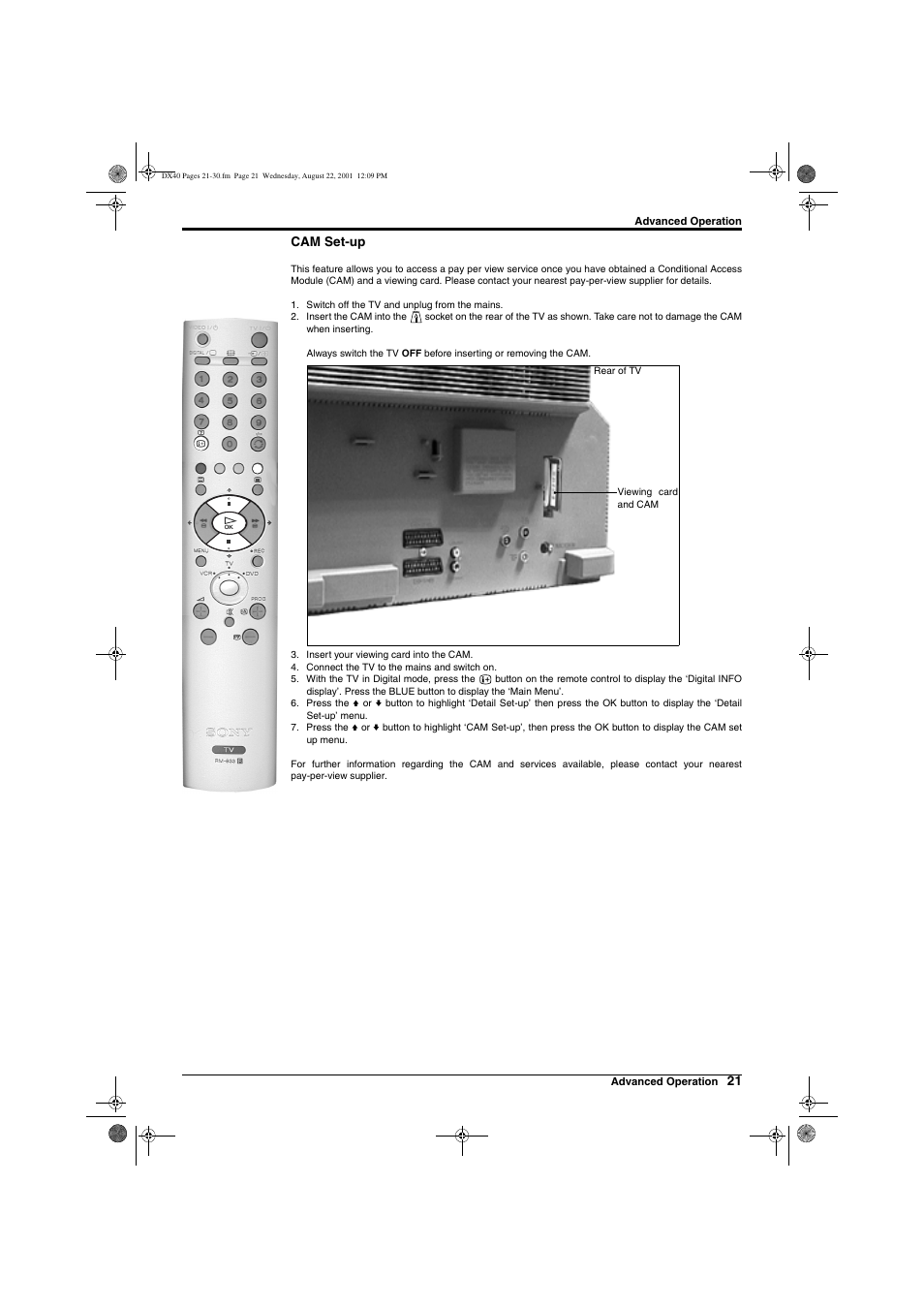 21 cam set-up | Sony Trinitron KD-32DX40U User Manual | Page 23 / 40