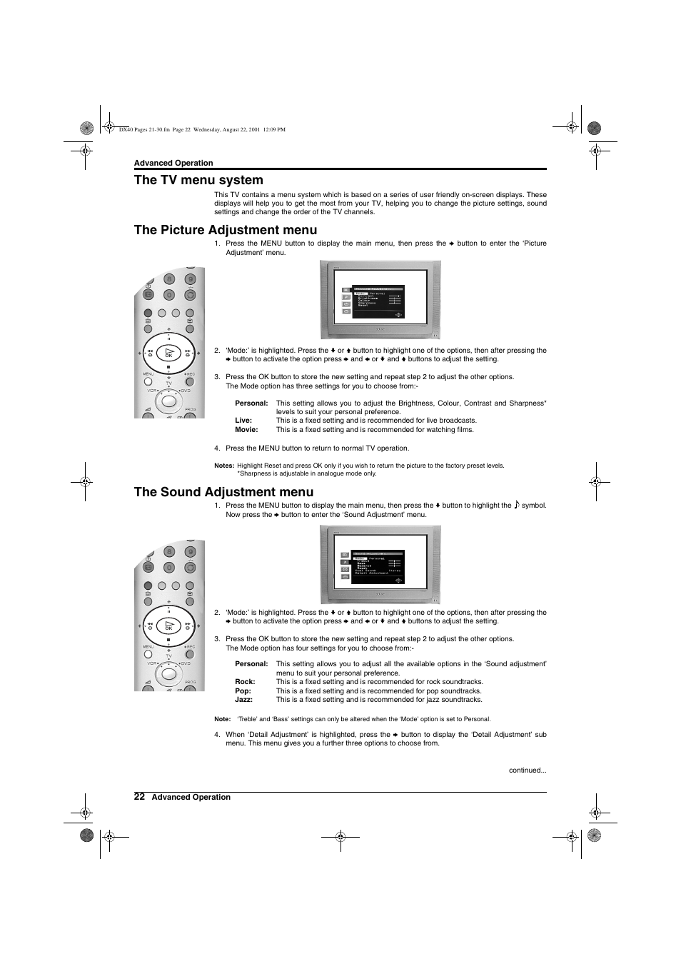 The tv menu system, The picture adjustment menu, The sound adjustment menu | Sony Trinitron KD-32DX40U User Manual | Page 24 / 40