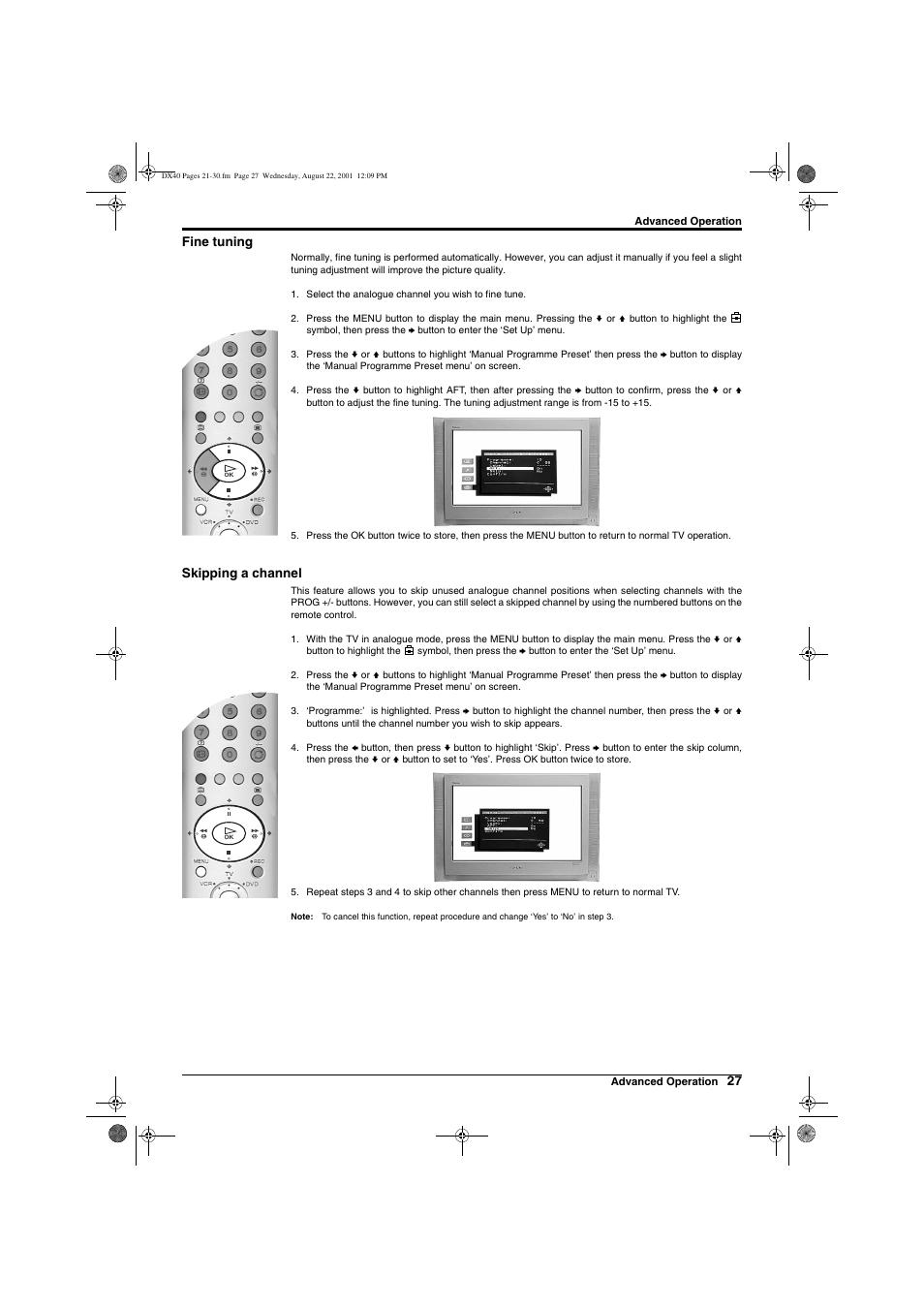 27 fine tuning, Skipping a channel | Sony Trinitron KD-32DX40U User Manual | Page 29 / 40