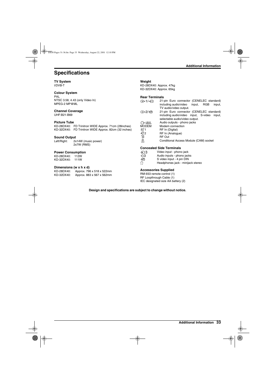 Specifications | Sony Trinitron KD-32DX40U User Manual | Page 35 / 40