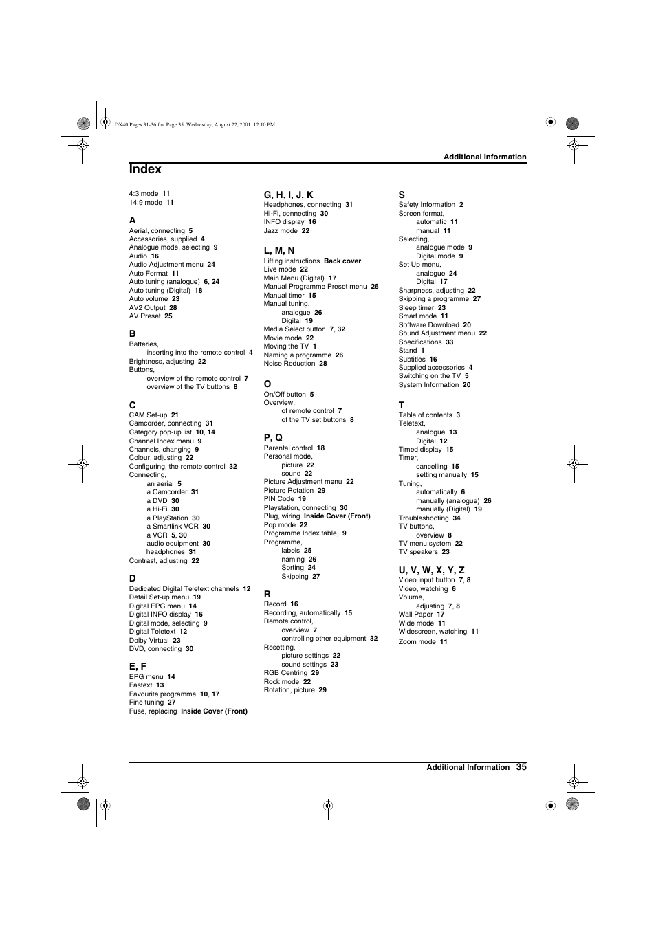 Index | Sony Trinitron KD-32DX40U User Manual | Page 37 / 40