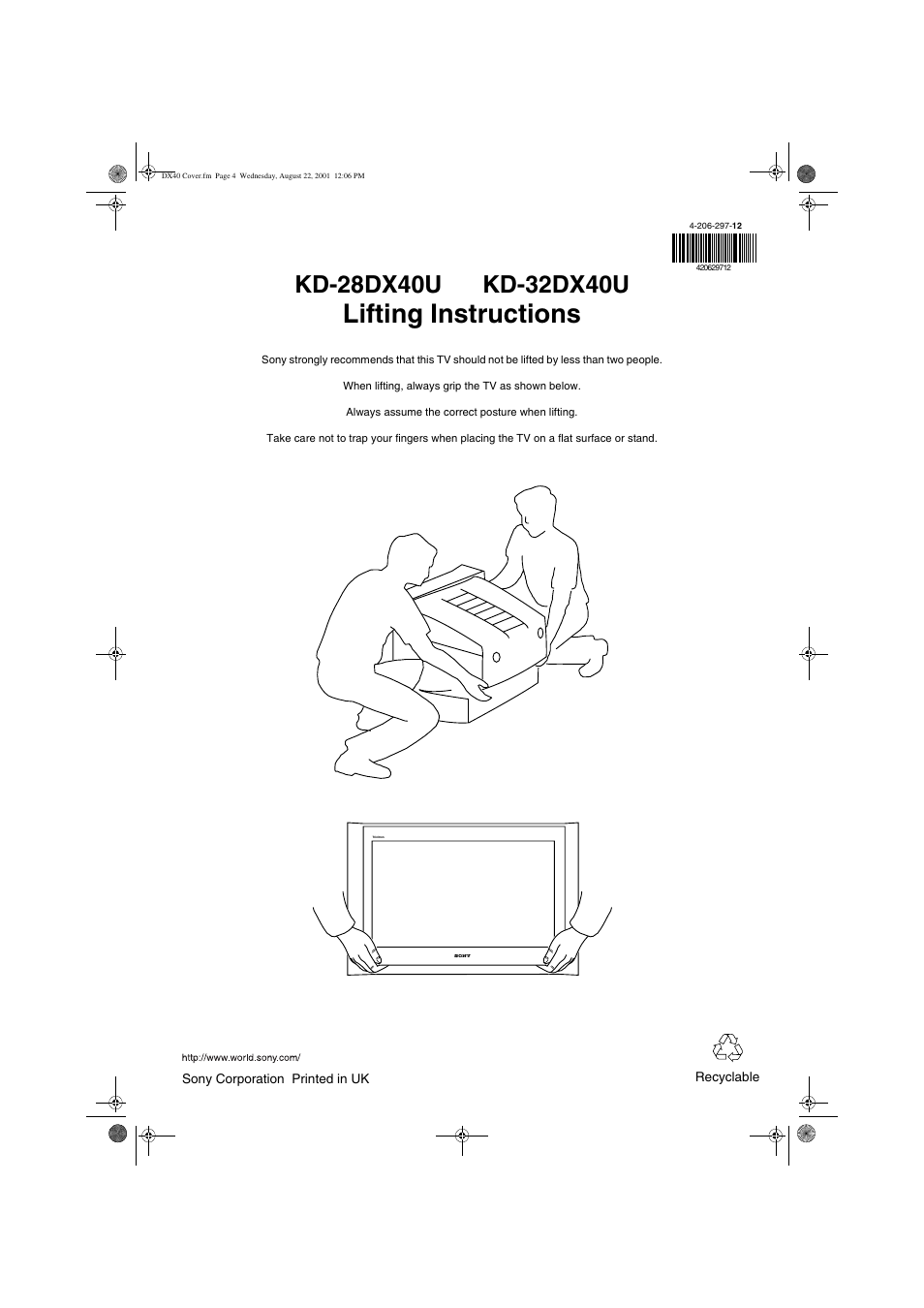 Lifting instructions | Sony Trinitron KD-32DX40U User Manual | Page 40 / 40