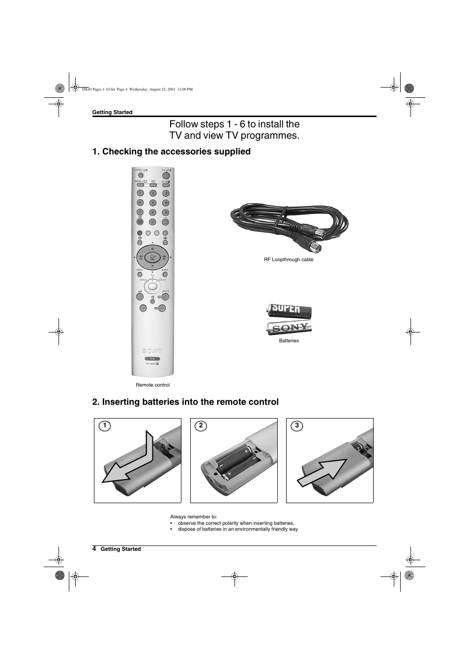 Checking the accessories supplied, Inserting batteries into the remote control | Sony Trinitron KD-32DX40U User Manual | Page 6 / 40