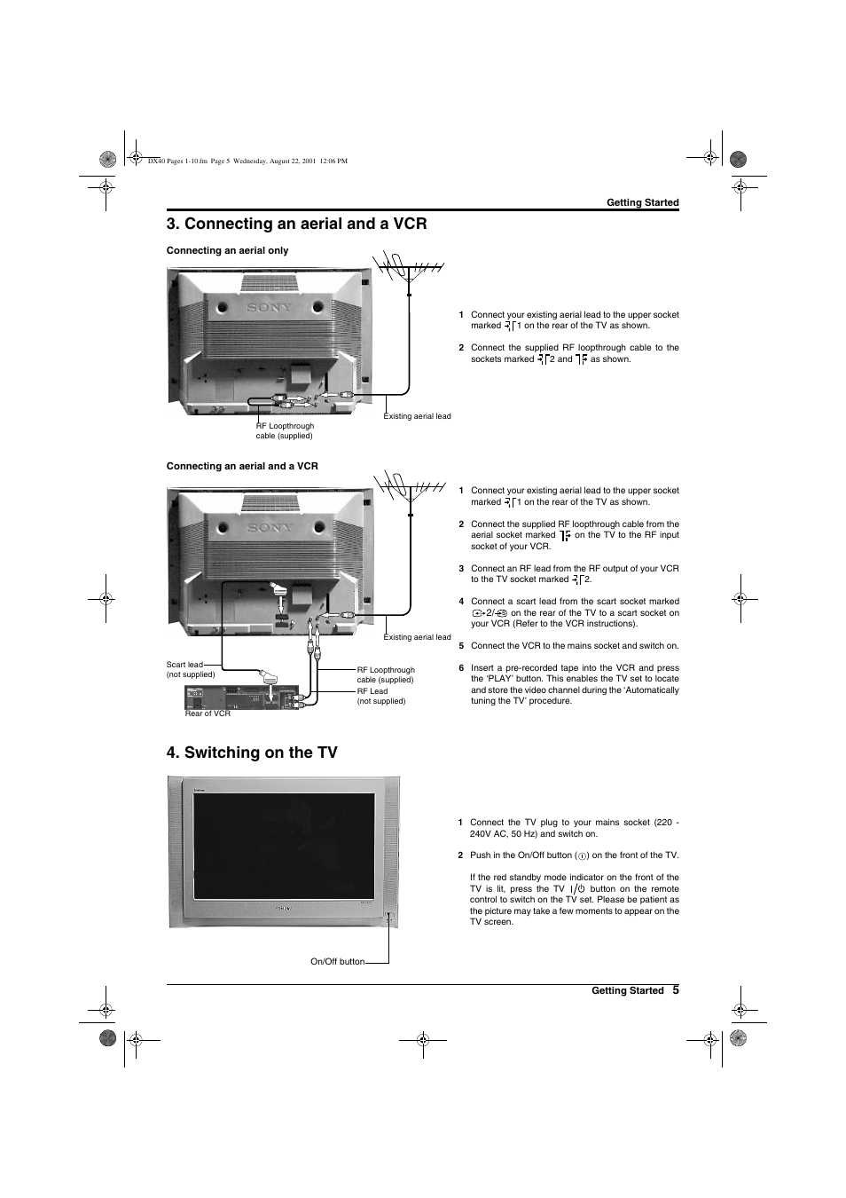 Connecting an aerial and a vcr, Switching on the tv | Sony Trinitron KD-32DX40U User Manual | Page 7 / 40