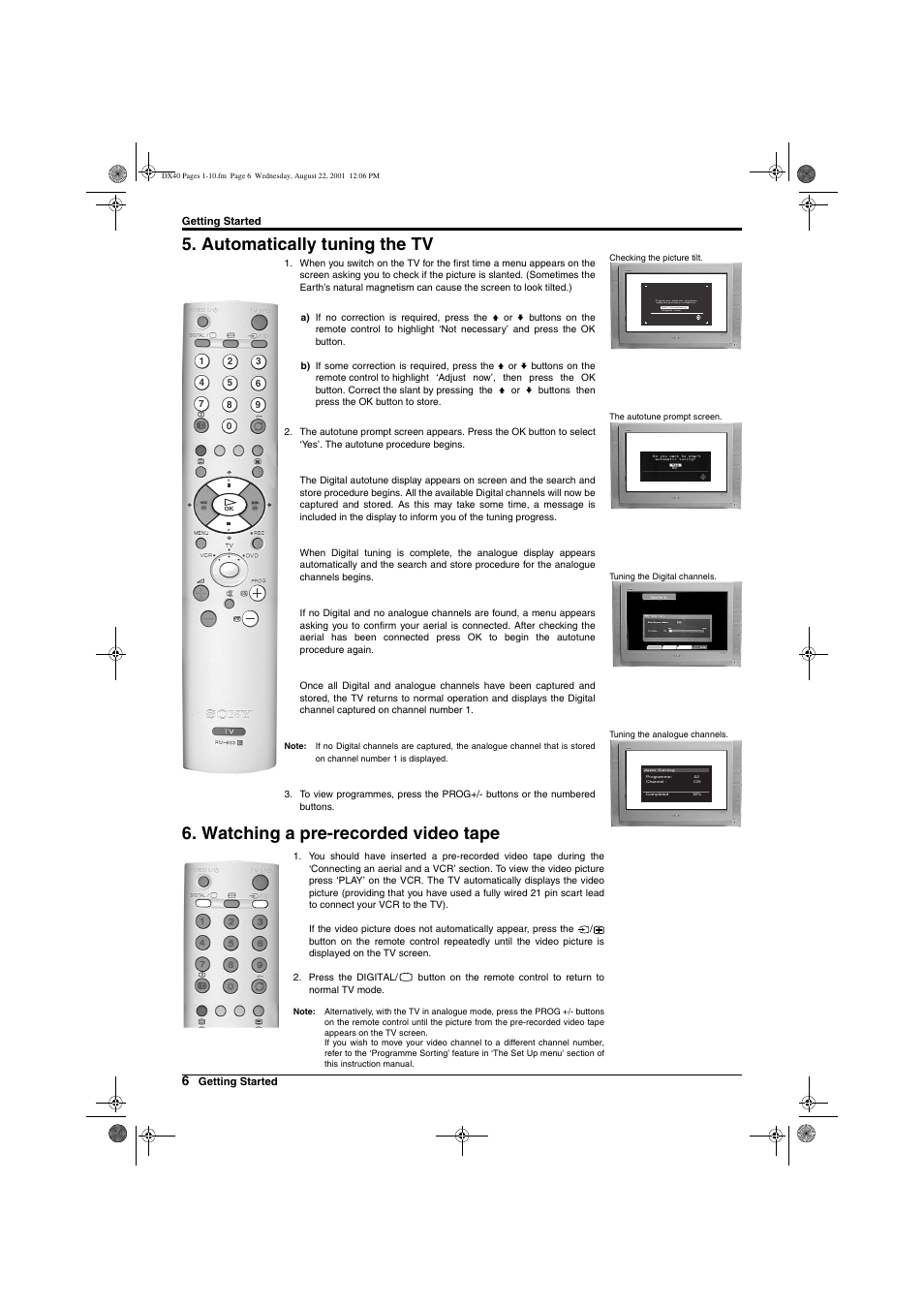 Automatically tuning the tv, Watching a pre-recorded video tape, If picture slants, please adjust picture rotation | Sony Trinitron KD-32DX40U User Manual | Page 8 / 40