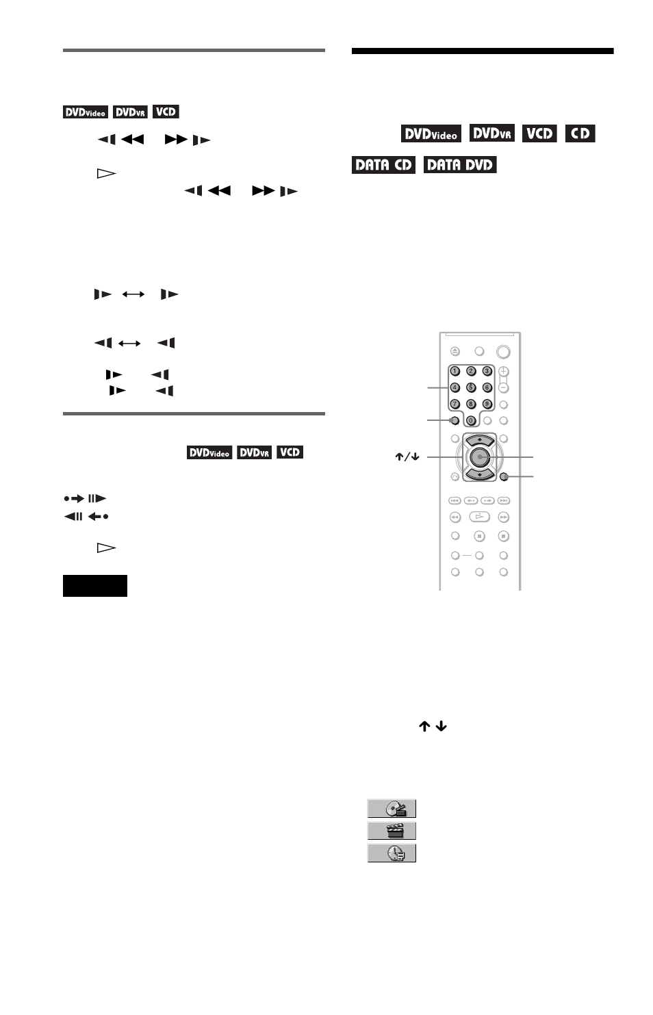 Searching for a title/chapter/track/scene, etc, Searching for a title/ chapter/track/scene, etc, Watching frame by frame (slow-motion play) | Playing one frame at a time (freeze frame) | Sony DVP-NS47P User Manual | Page 34 / 84