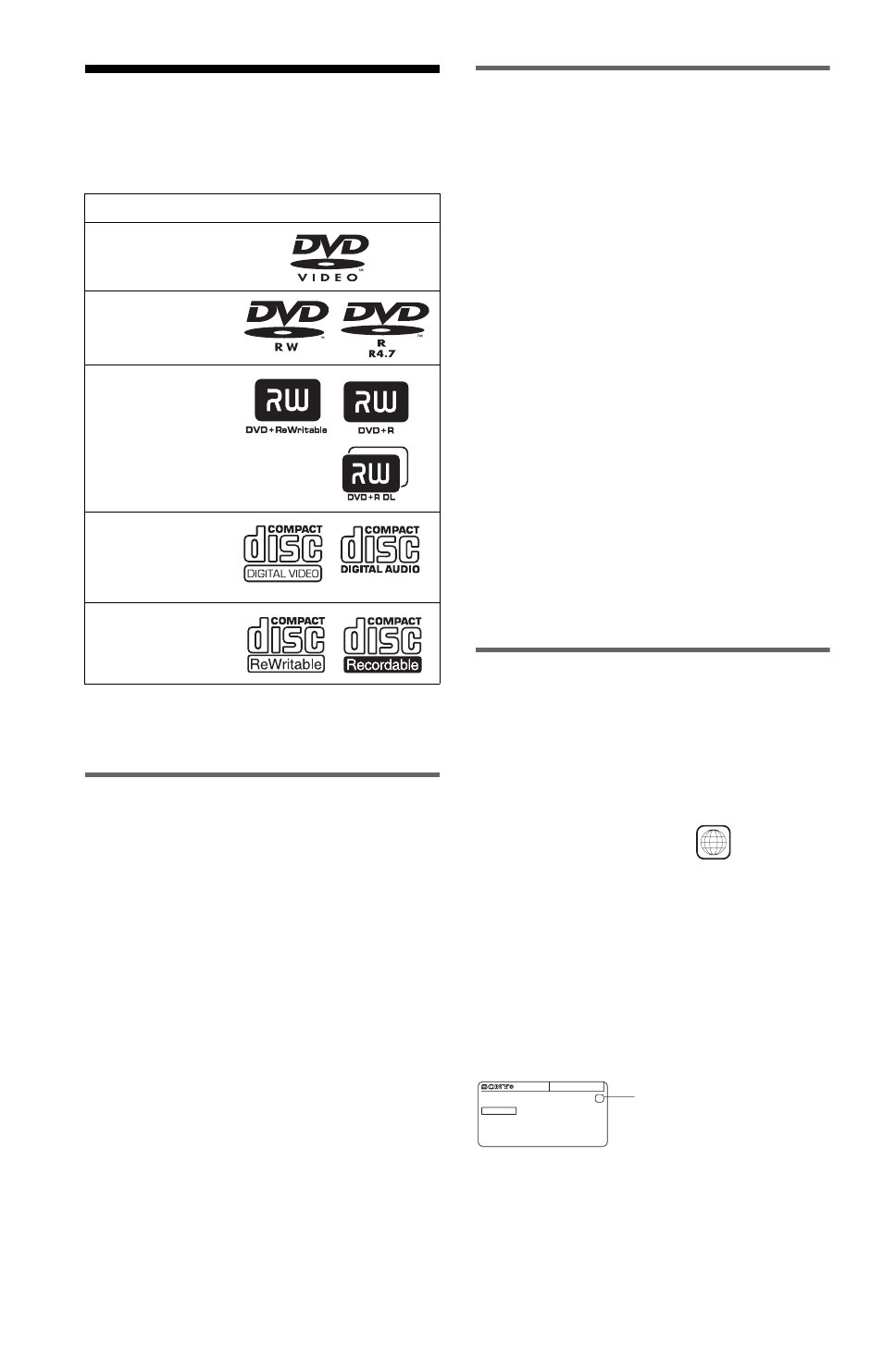 L1 - this player can play the following discs, This player can play the following discs, Example of discs that the player cannot play | Region code | Sony DVP-NS47P User Manual | Page 8 / 84