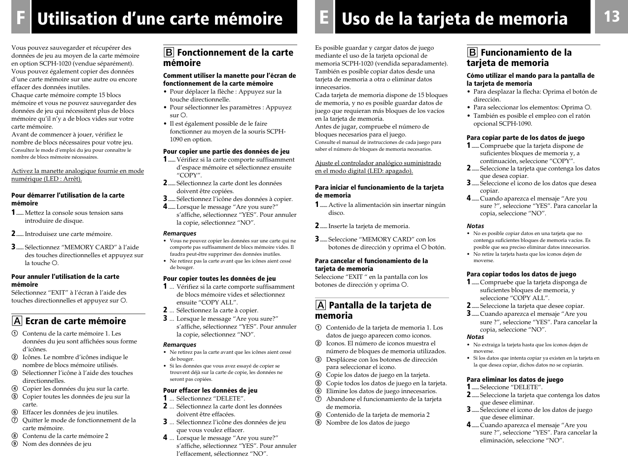 A ecran de carte mémoire, B fonctionnement de la carte mémoire | Sony PlayStation User Manual | Page 13 / 24