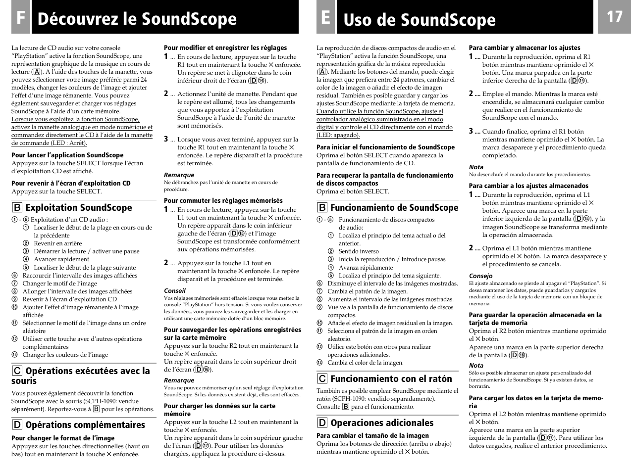 Découvrez le soundscope uso de soundscope, B funcionamiento de soundscope, C funcionamiento con el ratón | D operaciones adicionales, B exploitation soundscope, C opérations exécutées avec la souris, D opérations complémentaires | Sony PlayStation User Manual | Page 17 / 24