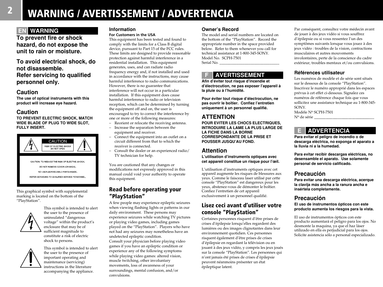 Warning / avertissement / advertencia | Sony PlayStation User Manual | Page 2 / 24