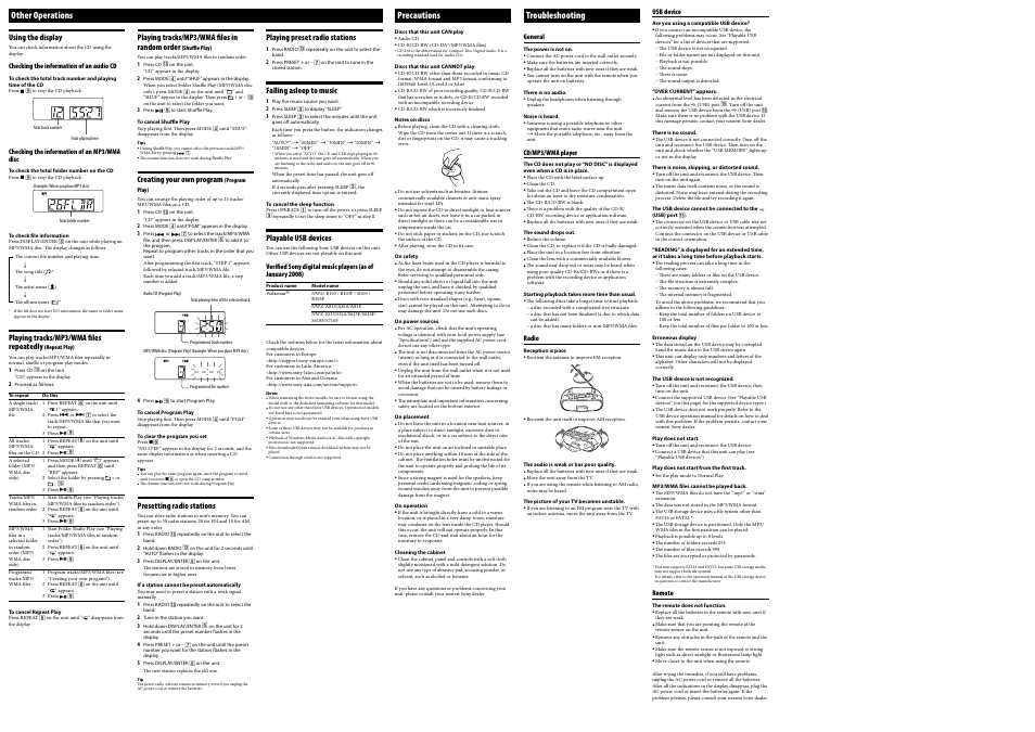 Other operations, Troubleshooting, Precautions | Sony ZS-PS20CP User Manual | Page 2 / 2
