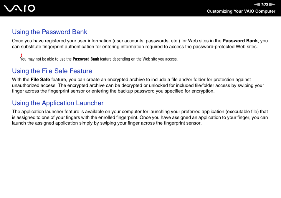Using the password bank, Using the file safe feature, Using the application launcher | Sony VAIO VGN-CR User Manual | Page 103 / 197
