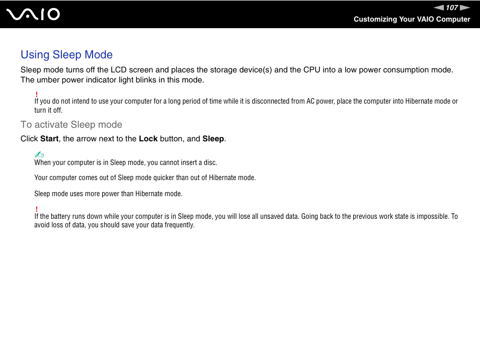 Using sleep mode | Sony VAIO VGN-CR User Manual | Page 107 / 197