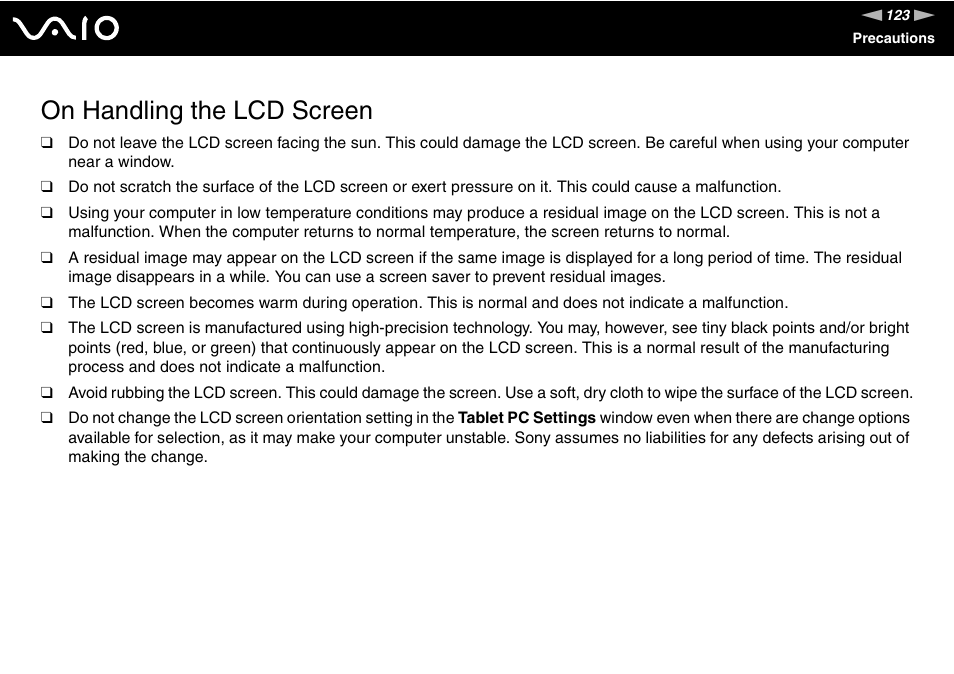 On handling the lcd screen | Sony VAIO VGN-CR User Manual | Page 123 / 197