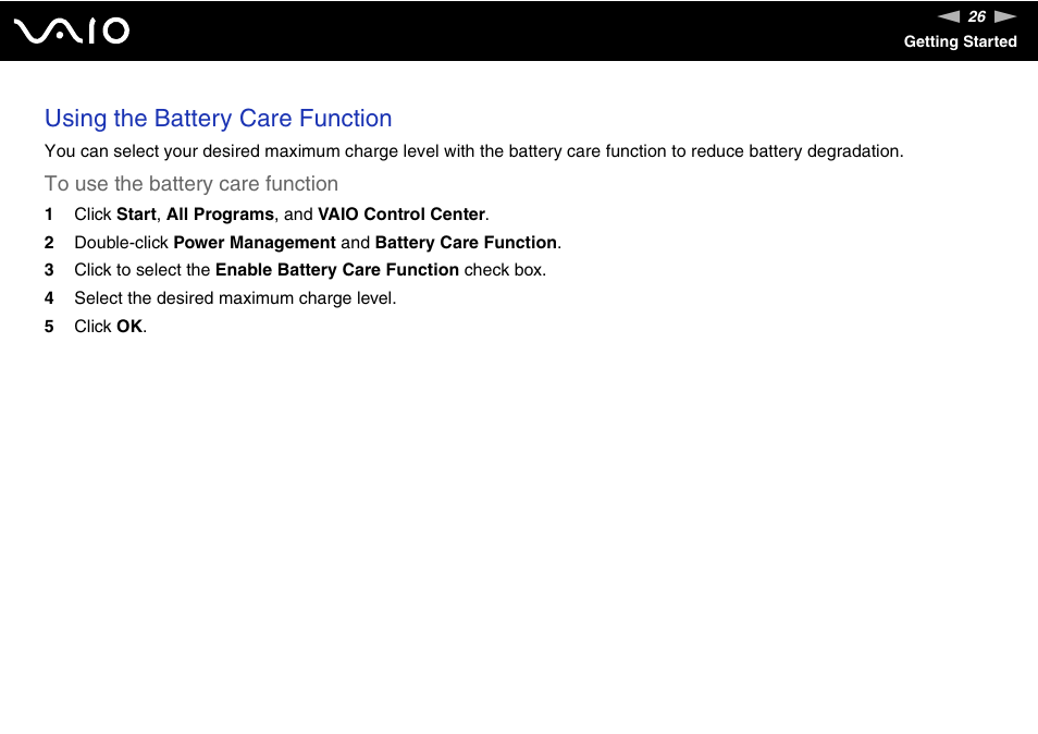 Using the battery care function | Sony VAIO VGN-CR User Manual | Page 26 / 197