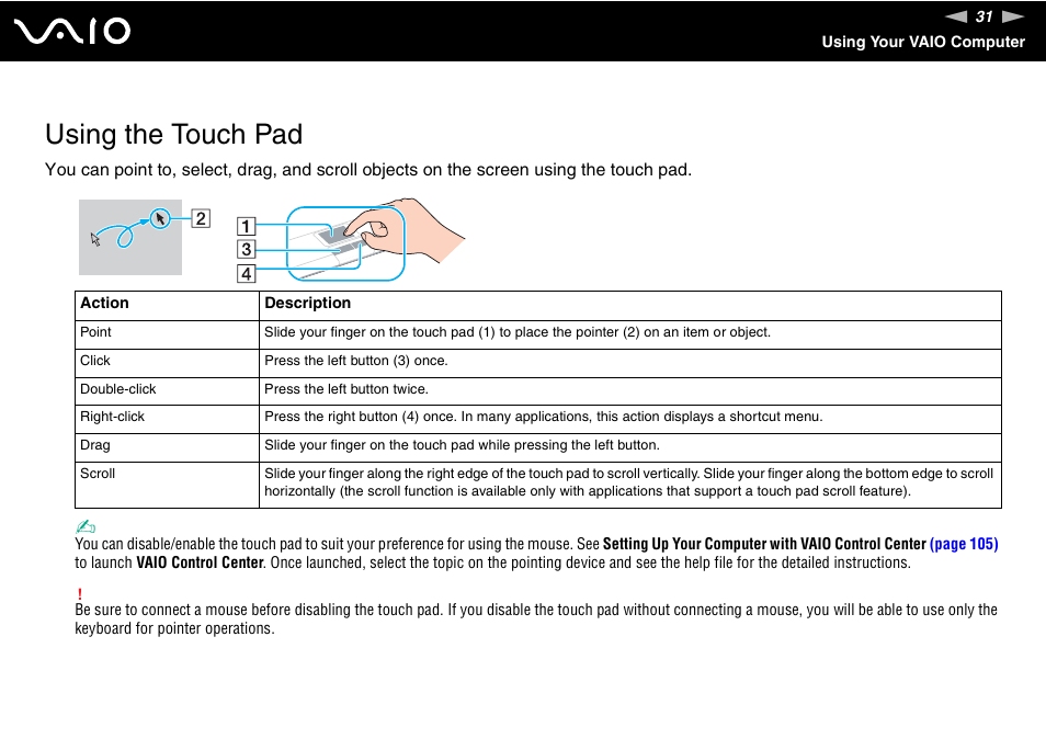 Using the touch pad | Sony VAIO VGN-CR User Manual | Page 31 / 197