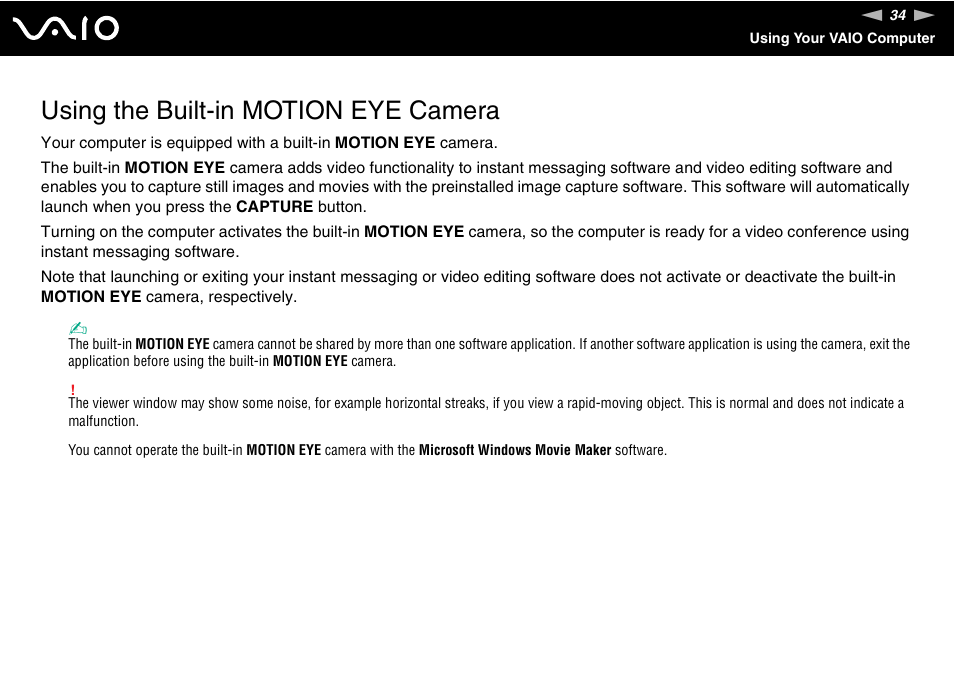 Using the built-in motion eye camera | Sony VAIO VGN-CR User Manual | Page 34 / 197