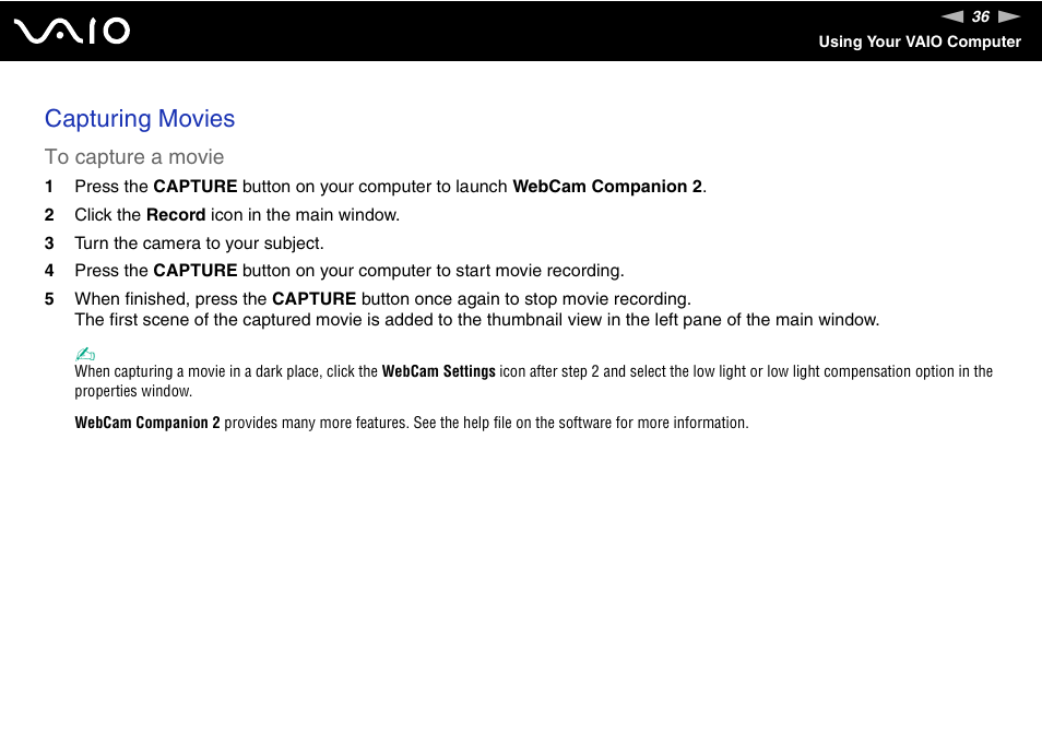 Capturing movies | Sony VAIO VGN-CR User Manual | Page 36 / 197