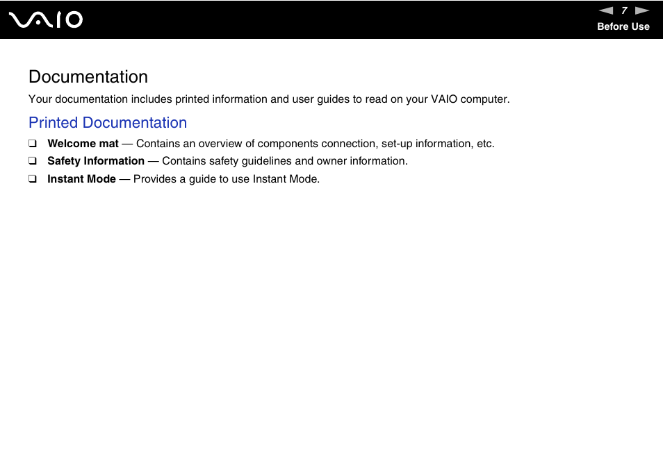 Documentation, Printed documentation | Sony VAIO VGN-CR User Manual | Page 7 / 197