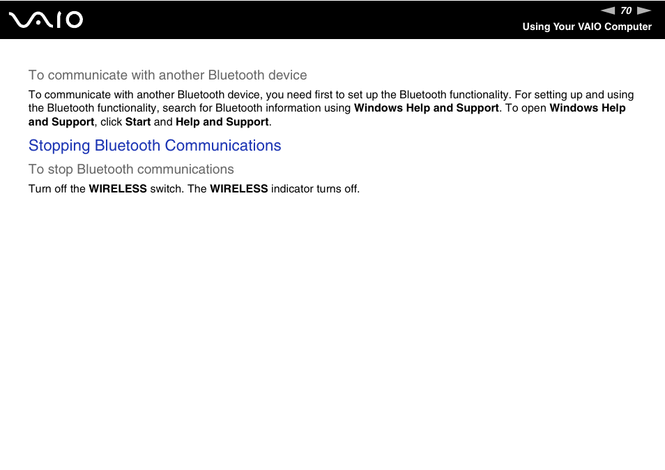 Stopping bluetooth communications | Sony VAIO VGN-CR User Manual | Page 70 / 197