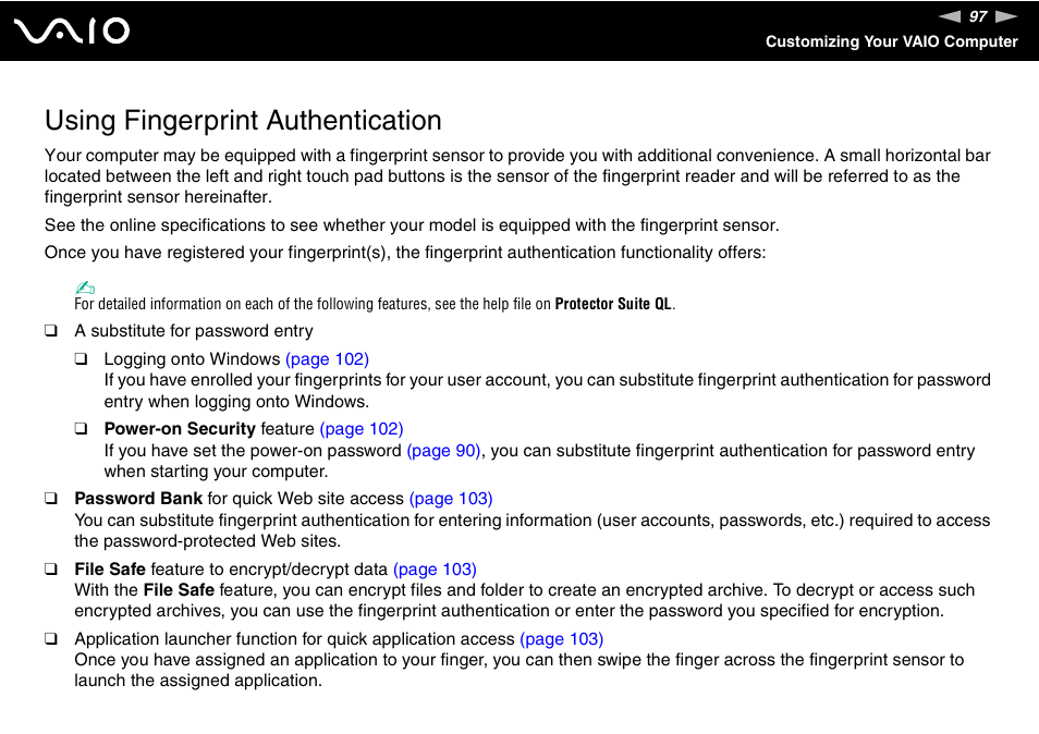 Using fingerprint authentication | Sony VAIO VGN-CR User Manual | Page 97 / 197