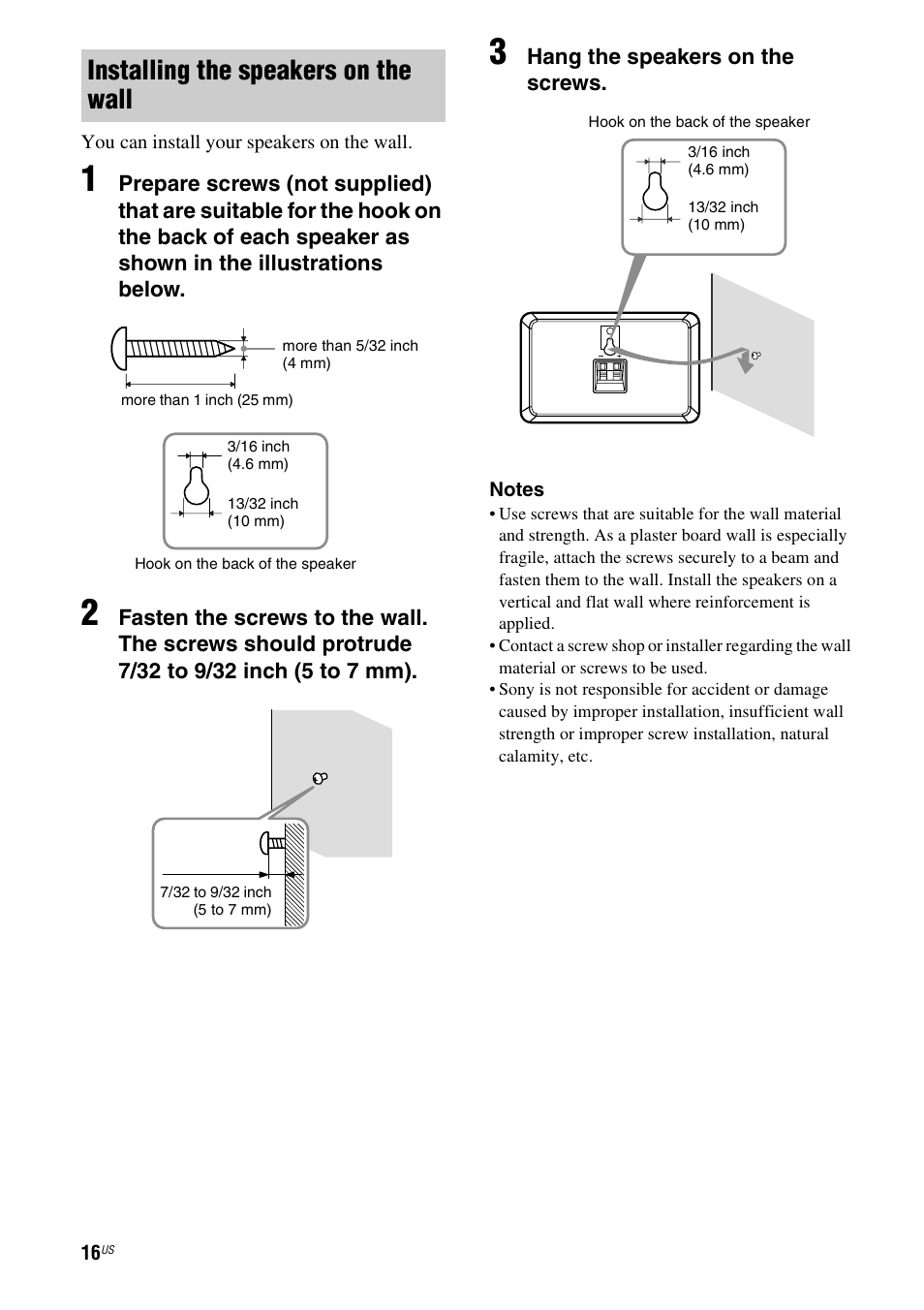 Installing the speakers on the wall | Sony HT-DDW990 User Manual | Page 16 / 80
