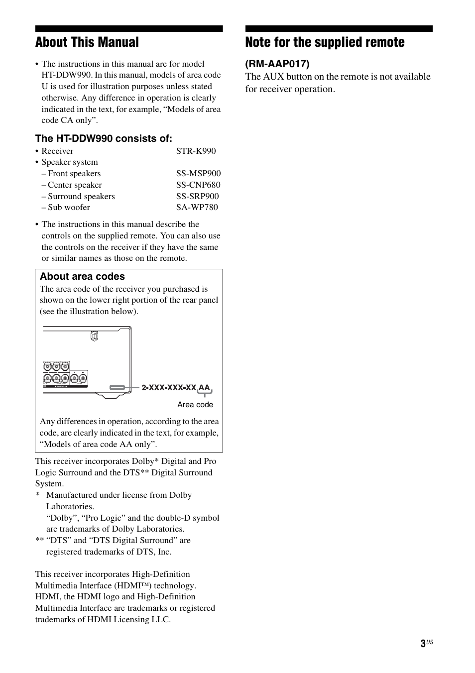 About this manual, The ht-ddw990 consists of | Sony HT-DDW990 User Manual | Page 3 / 80