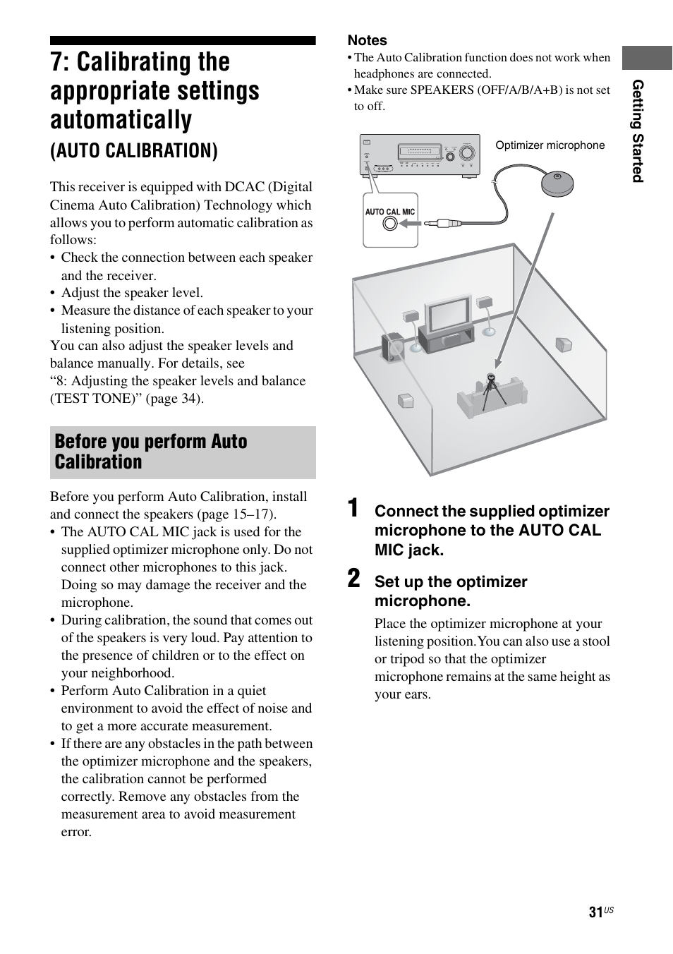 Calibrating the appropriate settings, Automatically, Auto calibration) | Calibrating the appropriate settings automatically, Before you perform auto calibration, Set up the optimizer microphone | Sony HT-DDW990 User Manual | Page 31 / 80